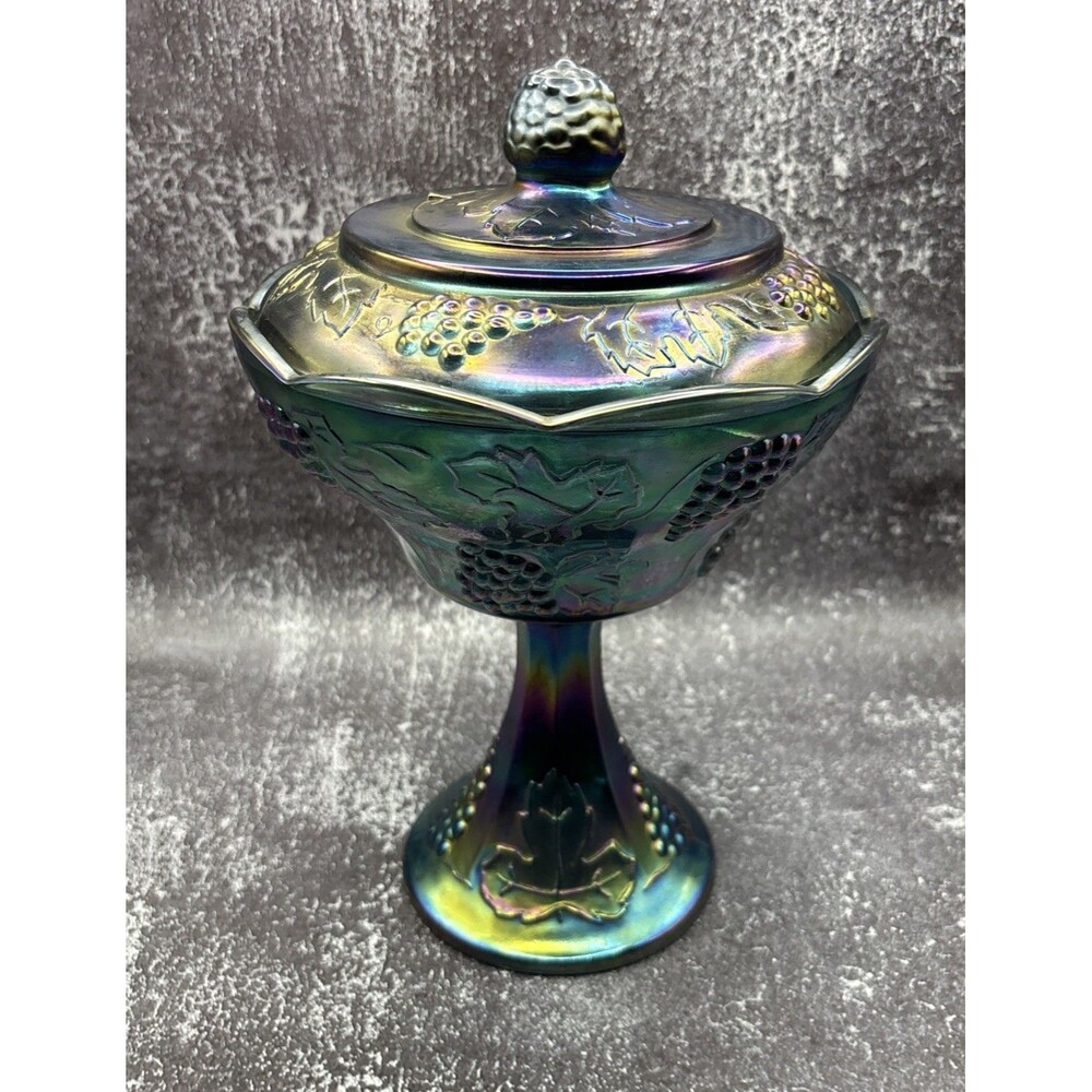 Indiana Carnival Glass Harvest Grapes Iridescent Blue Compote Bowl Pedestal lid